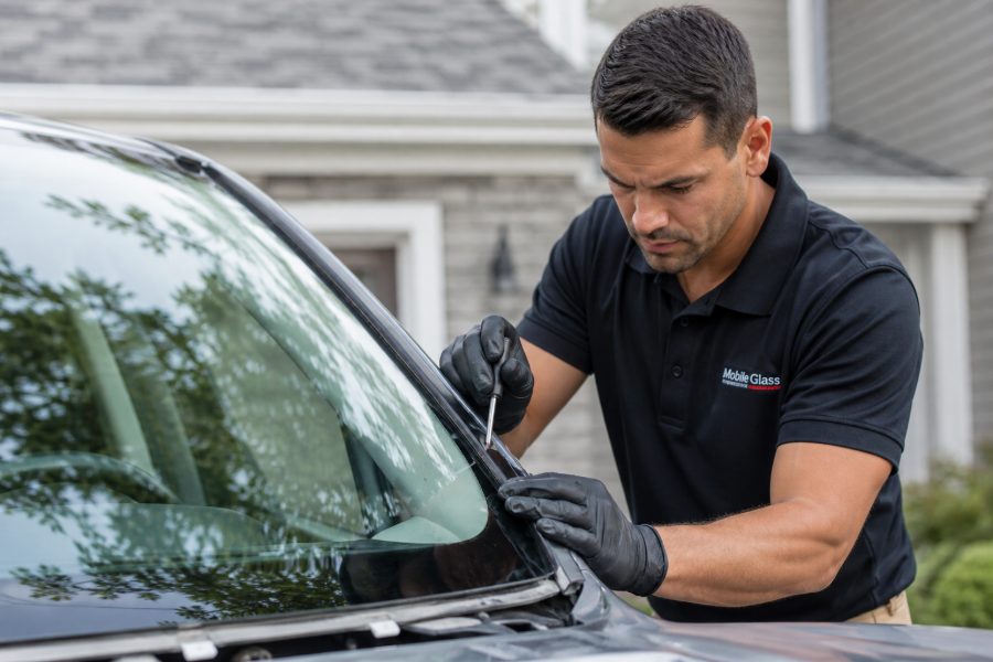 Auto glass technician repairing a windshield in Bakersfield, CA